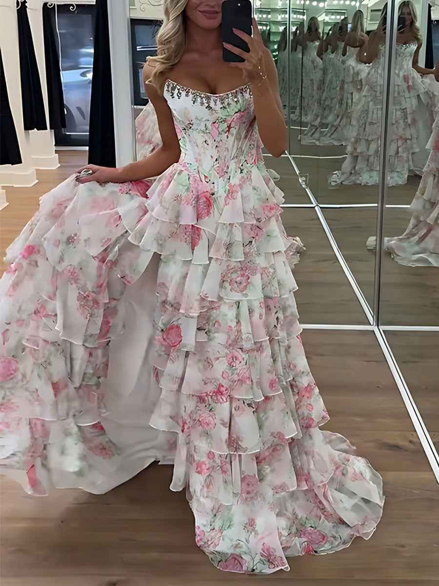 Sparkly Blue Floral Corset Ruffled Long Prom Dress with Slit