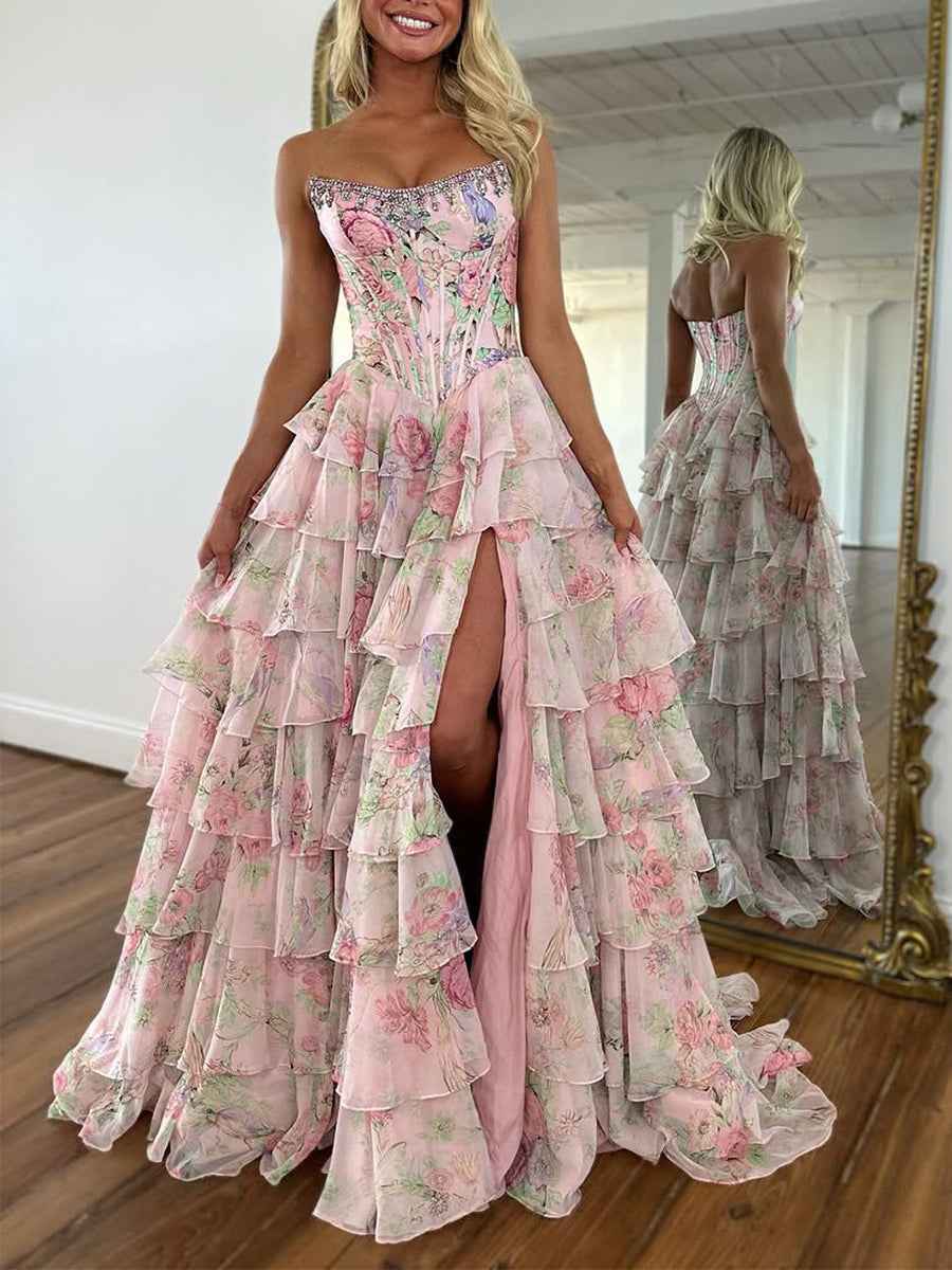 Sparkly Blue Floral Corset Ruffled Long Prom Dress with Slit