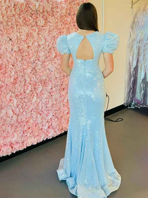 Sparkly Blue V Neck Long Puff Sleeves Prom Dress with Slit