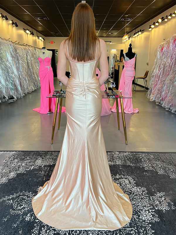 Sparkly Champagne Spaghetti Straps Corset Long Satin Prom Dress with Slit