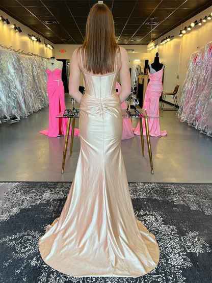 Sparkly Champagne Spaghetti Straps Corset Long Satin Prom Dress with Slit