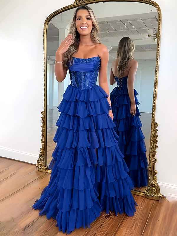 Sparkly Light Blue Strapless A-Line Long Tiered Prom Dress with Slit