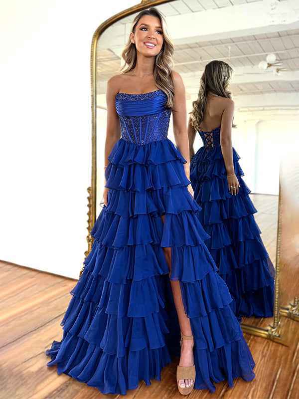 Sparkly Light Blue Strapless A-Line Long Tiered Prom Dress with Slit