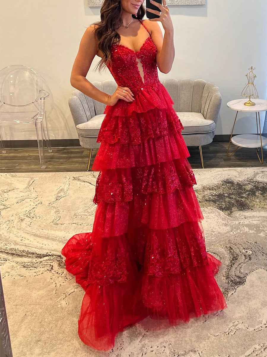 Sparkly Lace Embroidery Tiered Long Prom Dress with Slit