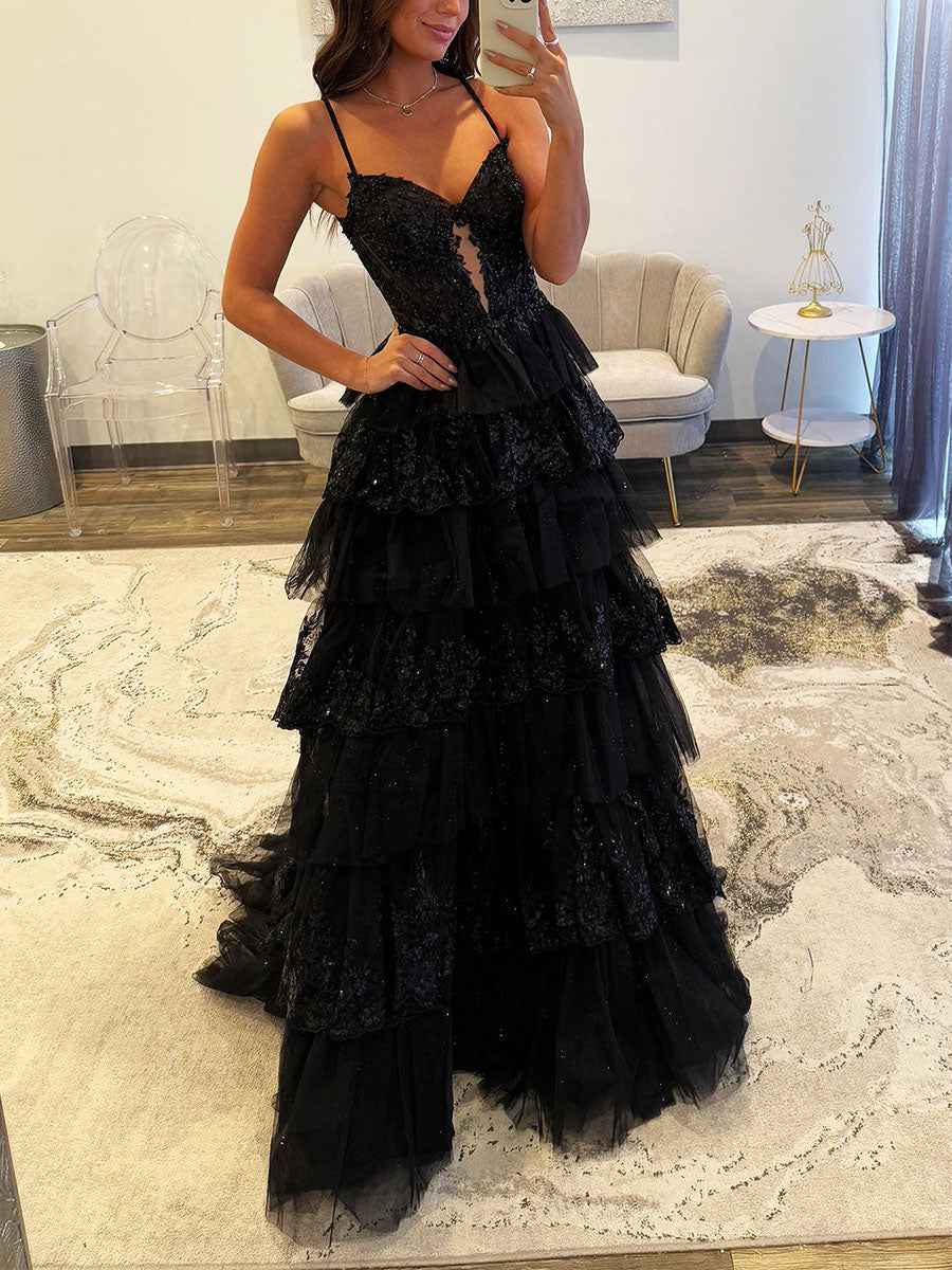 Sparkly Lace Embroidery Tiered Long Prom Dress with Slit