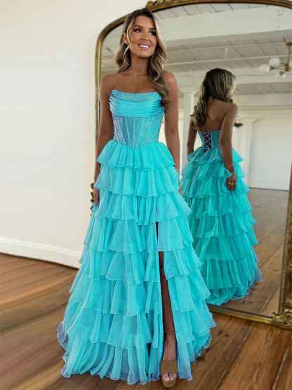 Sparkly Light Blue Strapless A-Line Long Tiered Prom Dress with Slit