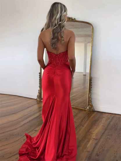 Halter Neck Mermaid Satin Long Corset Prom Dress with Applique