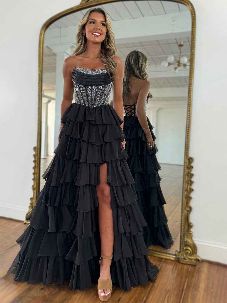 Sparkly Light Blue Strapless A-Line Long Tiered Prom Dress with Slit