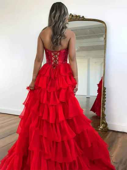 Sparkly Light Blue Strapless A-Line Long Tiered Prom Dress with Slit