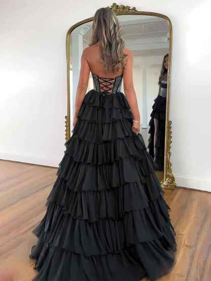 Sparkly Light Blue Strapless A-Line Long Tiered Prom Dress with Slit