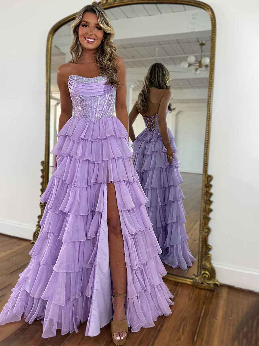 Sparkly Light Blue Strapless A-Line Long Tiered Prom Dress with Slit