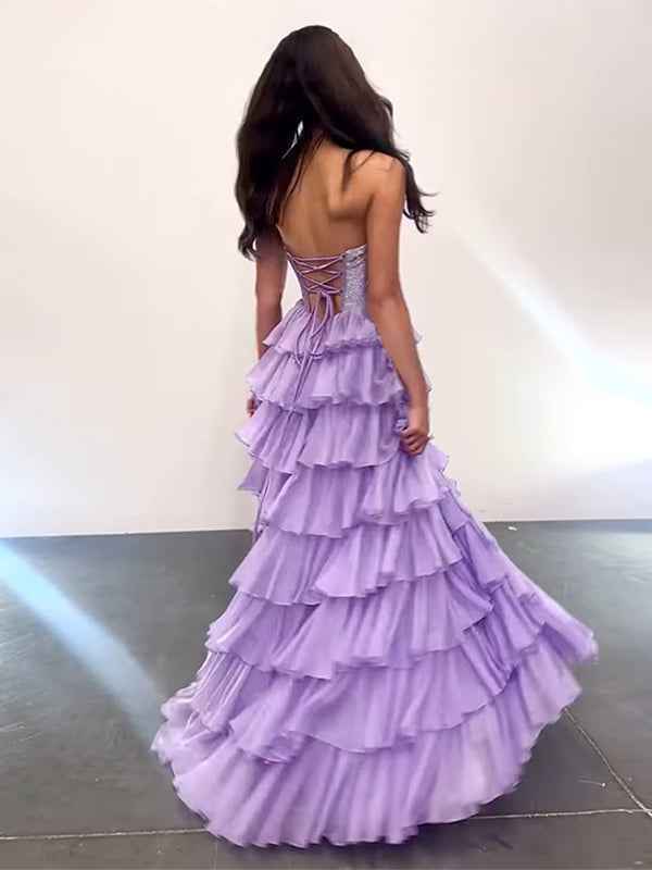 Sparkly Light Blue Strapless A-Line Long Tiered Prom Dress with Slit