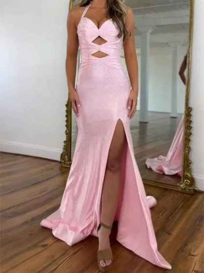 Sparkly Mermaid Keyhole Long Beaded Prom Dress with Slit