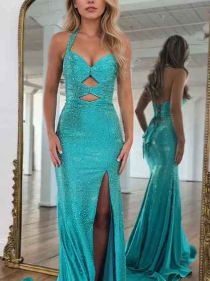 Sparkly Mermaid Keyhole Long Beaded Prom Dress with Slit