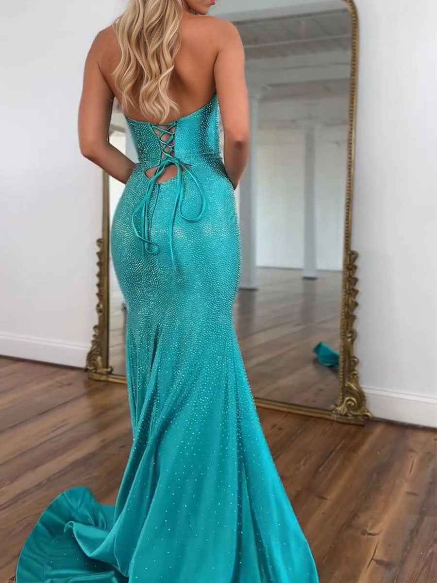 Sparkly Mermaid Keyhole Long Beaded Prom Dress with Slit