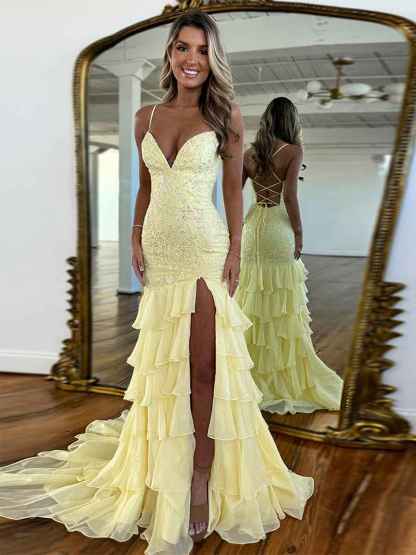 Sparkly Mermaid Spaghetti Straps Lace Prom Dress with Ruffle Skirt
