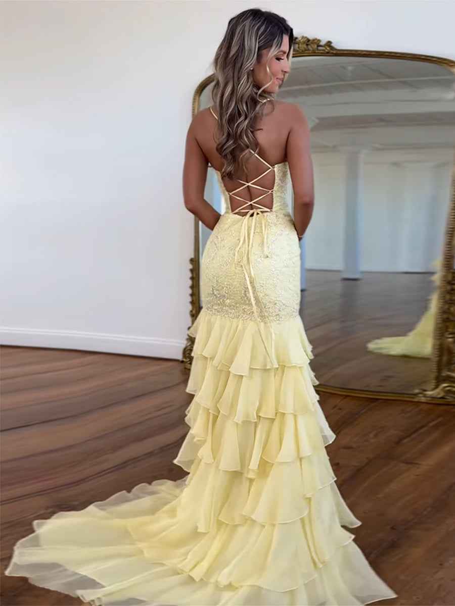 Sparkly Mermaid Spaghetti Straps Lace Prom Dress with Ruffle Skirt