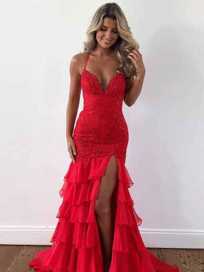 Sparkly Mermaid Spaghetti Straps Lace Prom Dress with Ruffle Skirt