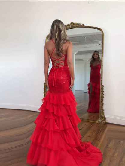 Sparkly Mermaid Spaghetti Straps Lace Prom Dress with Ruffle Skirt