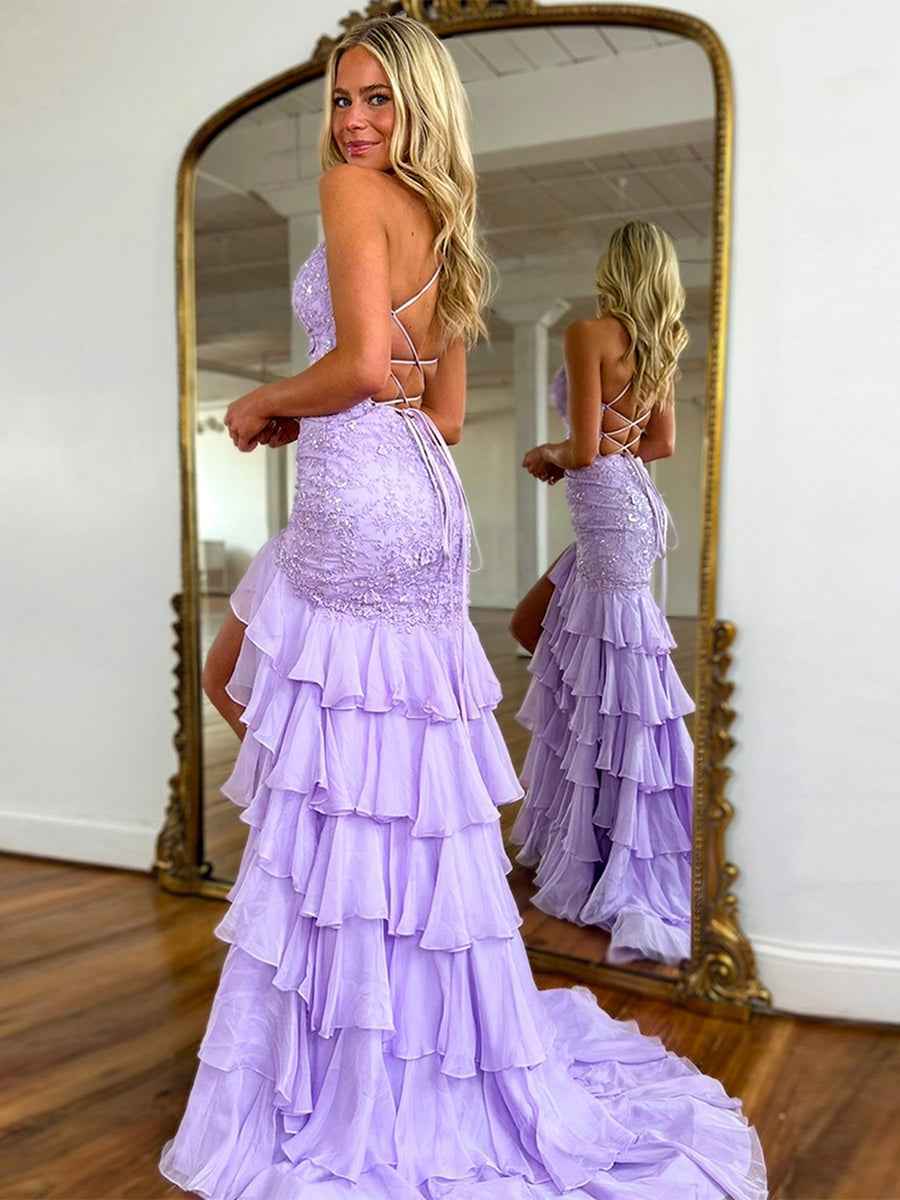 Sparkly Mermaid Spaghetti Straps Lace Prom Dress with Ruffle Skirt
