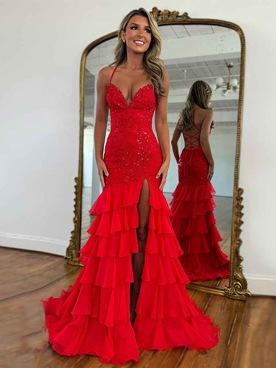 Sparkly Mermaid Spaghetti Straps Lace Prom Dress with Ruffle Skirt