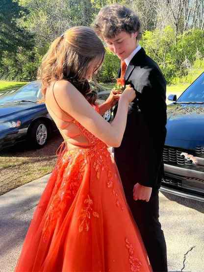 Sparkly Orange A-Line Corset Sweetheart Long Prom Dress with Appliques