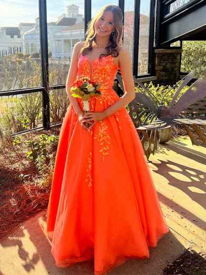 Sparkly Orange A-Line Corset Sweetheart Long Prom Dress with Appliques