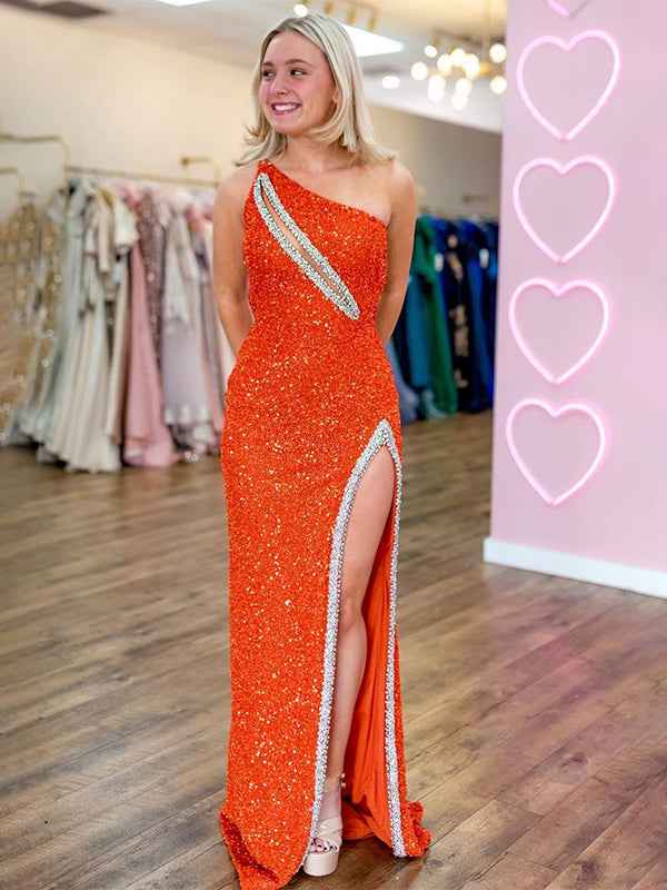 Sparkly Royal Blue One Shoulder Keyhole Long Prom Dress with Slit