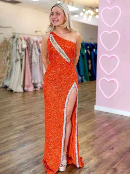 Sparkly Royal Blue One Shoulder Keyhole Long Prom Dress with Slit