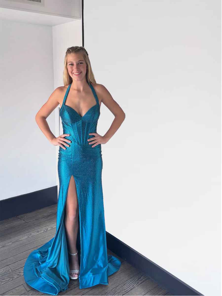 Sparkly Pink Mermaid Beaded Corset Long Prom Dress with Slit