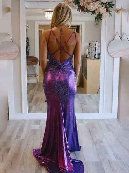 Sparkly Purple Mermaid V Neck Metallic Satin Long Prom Dress