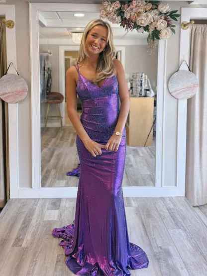 Sparkly Purple Mermaid V Neck Metallic Satin Long Prom Dress