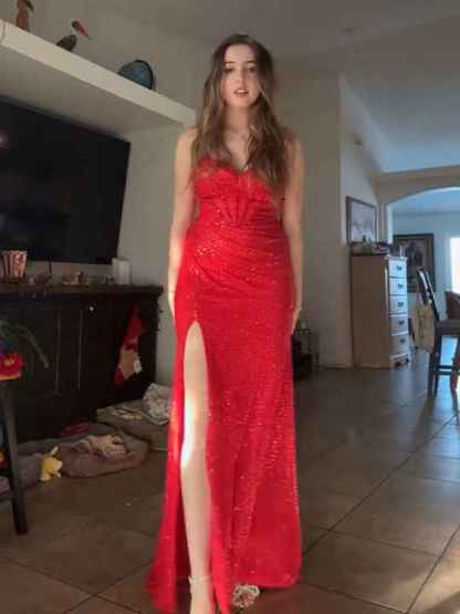 Sparkly Red Mermaid Spaghetti Straps Long Prom Dresses with Slit