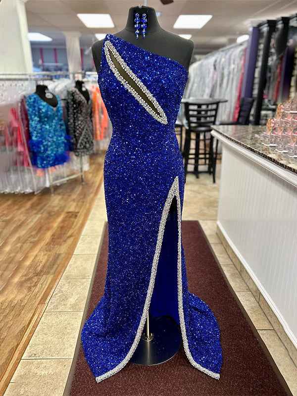 Sparkly Royal Blue One Shoulder Keyhole Long Prom Dress with Slit