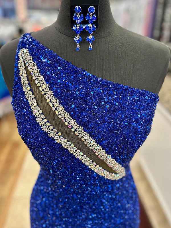 Sparkly Royal Blue One Shoulder Keyhole Long Prom Dress with Slit