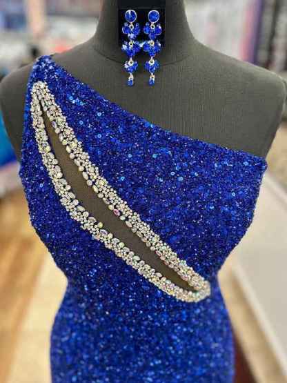 Sparkly Royal Blue One Shoulder Keyhole Long Prom Dress with Slit