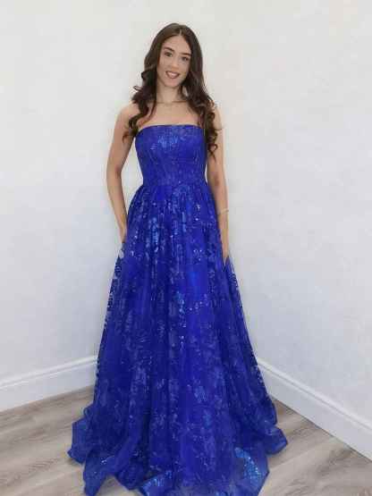 Sparkly Strapless Floral Long Prom Dress with Lace-Up Back