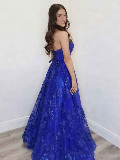 Sparkly Strapless Floral Long Prom Dress with Lace-Up Back