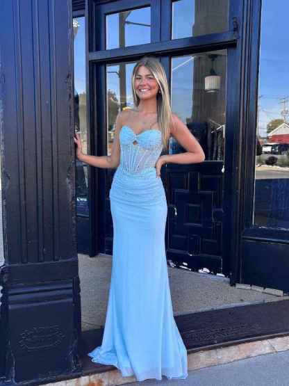 Sparkly Strapless Sheer Beaded Corset Bodice Prom Dress