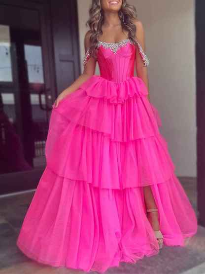 Sparkly A-Line Off the Shoulder Corset Ruffles Long Prom Dress with Slit