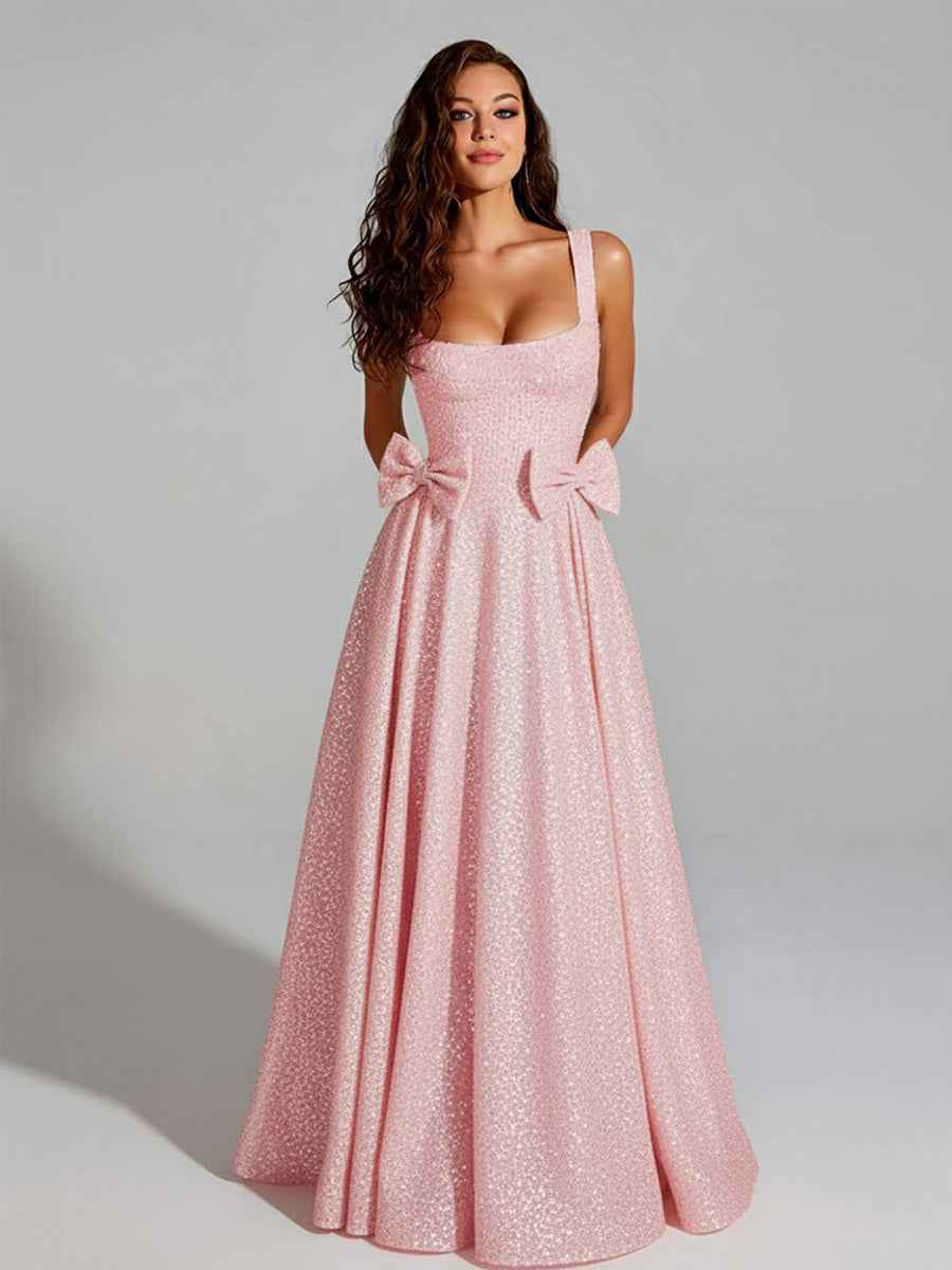 Sparkly A Line Square Neck Long Prom Dress