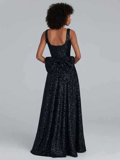 Sparkly A Line Square Neck Long Prom Dress with Bow
