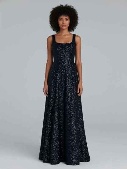 Sparkly A Line Square Neck Long Prom Dress with Bow