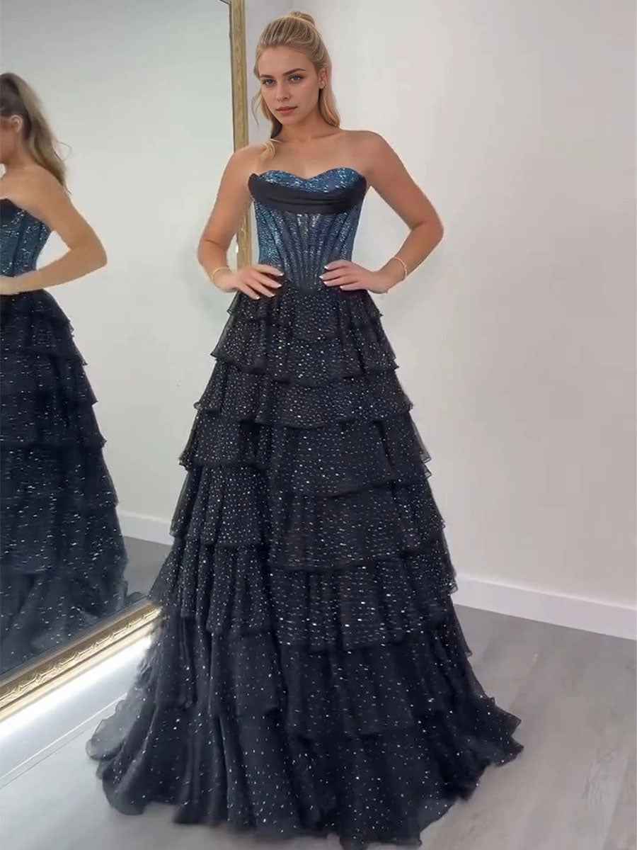 Sparkly A Line Sweetheart Tiered Chiffon Prom Dress with Slit