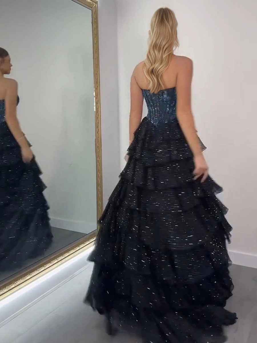 Sparkly A Line Sweetheart Tiered Chiffon Prom Dress with Slit