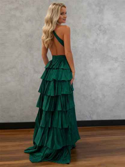 Sparkly A Line Tiered Beaded Corset Long Prom Dress with Slit