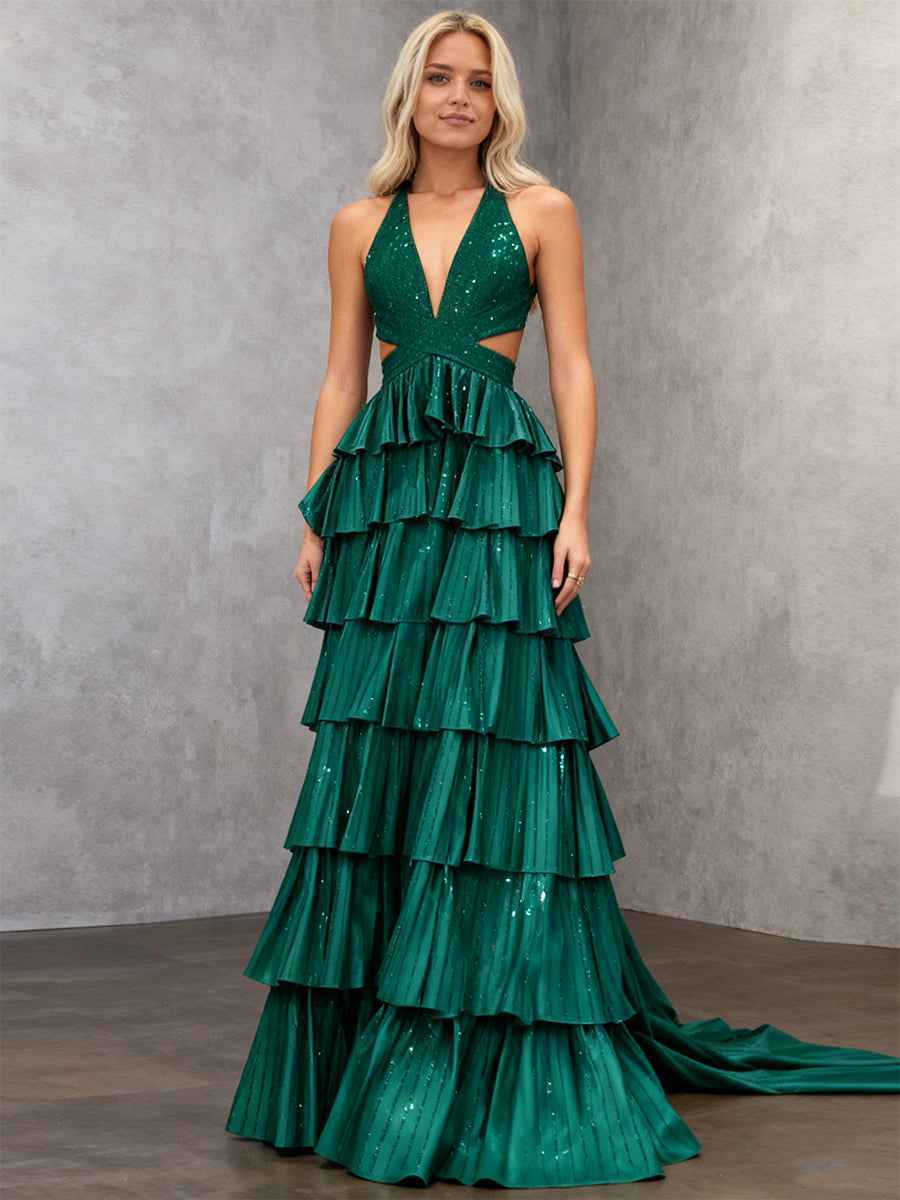 Sparkly A Line Tiered Beaded Corset Long Prom Dress with Slit