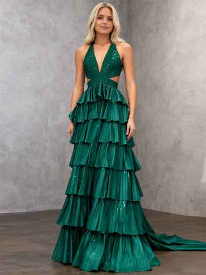 Sparkly A Line Tiered Beaded Corset Long Prom Dress with Slit