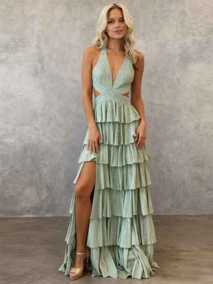 Sparkly A Line Tiered Beaded Corset Long Prom Dress with Slit