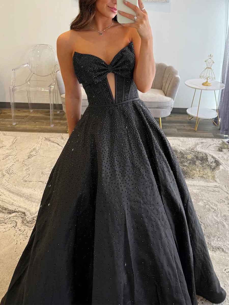 Sparkly Beaded Strapless Long Corset Prom Dress with Bow